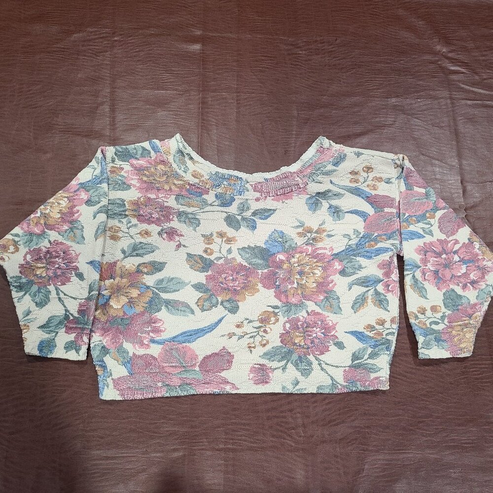 VINTAGE 1990s Objects D'art Floral Cropped Boat Neck Knit Crop Top Sweater Sz: S
